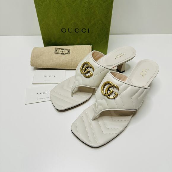 Gucci Marmont Chevron Double G 40/ US 10 Thong Heel Sandals White Leather NIB - Picture 5 of 15